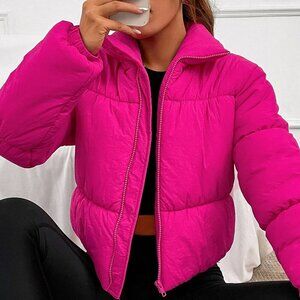 Hot Pink Casual Women's Zip Up Padded Coat